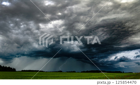 Storm clouds over field, tornadic supercell, extreme weather, dangerous storm, climate change 125854470