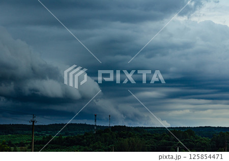 Storm clouds over field, tornadic supercell, extreme weather, dangerous storm, climate change 125854471
