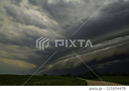 RAIN DAY. Hurricane season. World Meteorological Day. Global Climate Change awareness conference. Stormy Supercell cumulonimbus clouds forming before thunderstorm on dark sky. 125854476