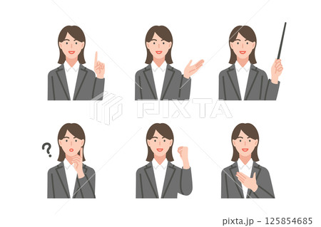 スーツ姿の女性が指示棒を持っているイラストセット スーツ姿の女性が指示棒を持っているイラストセット 125854685