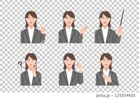 スーツ姿の女性が指示棒を持っているイラストセット スーツ姿の女性が指示棒を持っているイラストセット 125854685