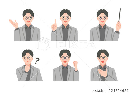 メガネの男性教師 よくあるポーズのセット メガネの男性教師 よくあるポーズのセット 125854686