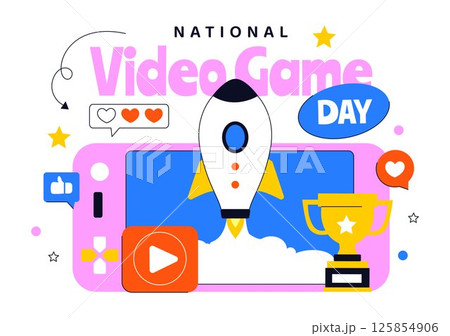 National Video Game Day Vector Illustration Featuring a Modern Game Console, Professional Gamer Setup, and Live Streaming Concept Background National Video Game Day Vector Illustration Featuring a Modern Game Console, Professional Gamer Setup, and Live Streaming Concept Background 125854906