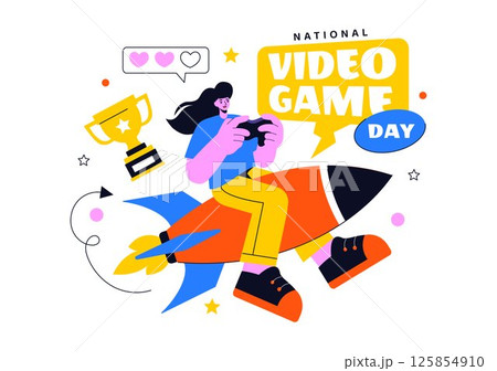National Video Game Day Vector Illustration Featuring a Modern Game Console, Professional Gamer Setup, and Live Streaming Concept Background National Video Game Day Vector Illustration Featuring a Modern Game Console, Professional Gamer Setup, and Live Streaming Concept Background 125854910