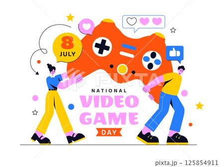 National Video Game Day Vector Illustration Featuring a Modern Game Console, Professional Gamer Setup, and Live Streaming Concept Background 125854911