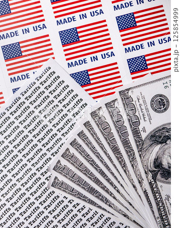 Words Tariffs Seamless print on paper with MADE IN USA Lable and Dollar Bill for trading export import business tax background. 125854999