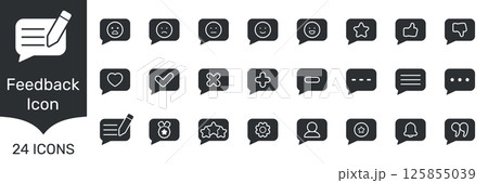 Feedback And Communication Icon Set. User Interaction, Review, And Response Silhouette Symbol Collection. Includes Emoticons, Ratings, And Notifications. Isolated Vector Illustration 125855039