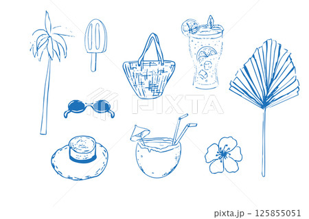 Summer seashore beach sea tourism, rest sketch drawing. Line hand drawn beach party elements palm, hat seashell. Vacation doodle tropical print. 125855051