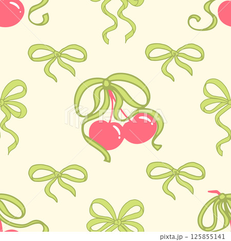 Coquette Cherry with bows Seamless Pattern. Cute Red berries with Green ribbons on pastel yellow background. Feminine Romantic art for Wedding celebration, party decoration, gift, present concept. 125855141