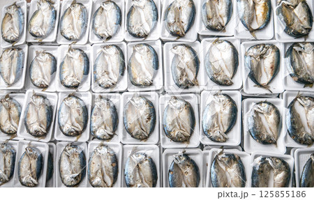 Short-bodied Mackerel (Rastrelliger brachysoma) in package ready for sell at local market. Short-bodied Mackerel (Rastrelliger brachysoma) in package ready for sell at local market. 125855186
