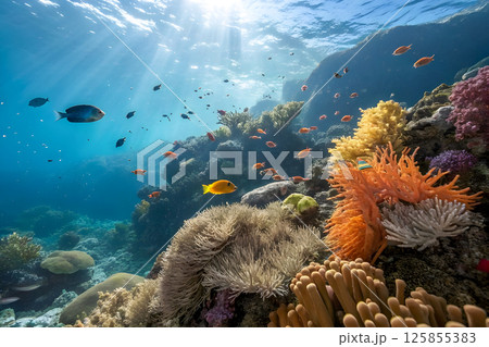 underwater world with corals and tropical fish 125855383
