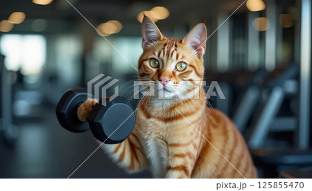 Ginger cat lifting dumbbell in fitness club. Animal involved in fitness, strength, and healthy lifestyle. 125855470