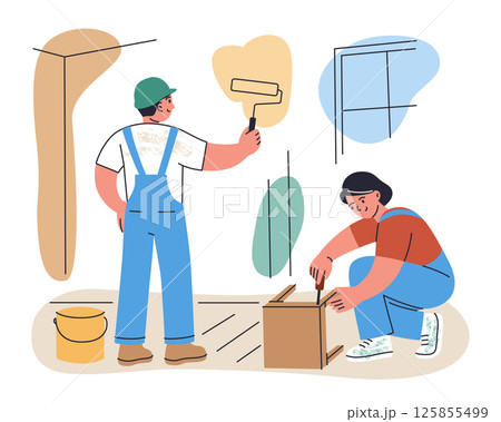 Flat cartoon illustration of man and woman preparing new home for moving in, vector illustration of handymen painting walls, assembling furniture, making renovations in house or apartment Flat cartoon illustration of man and woman preparing new home for moving in, vector illustration of handymen painting walls, assembling furniture, making renovations in house or apartment 125855499