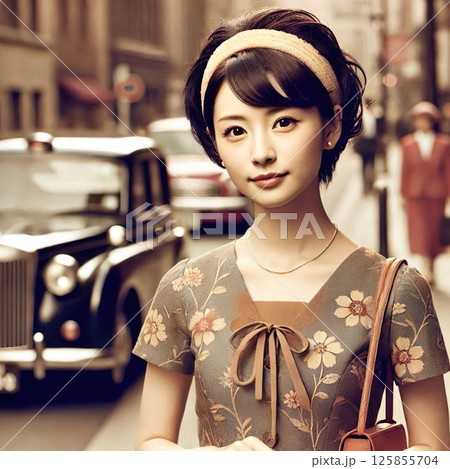 懐かしい日本の風景、昭和レトロなファッションの女性と街角 125855704