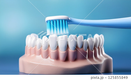歯ブラシと歯の模型の3Dイラスト 歯磨き、オーラルケアのイメージ 歯ブラシと歯の模型の3Dイラスト 歯磨き、オーラルケアのイメージ 125855849