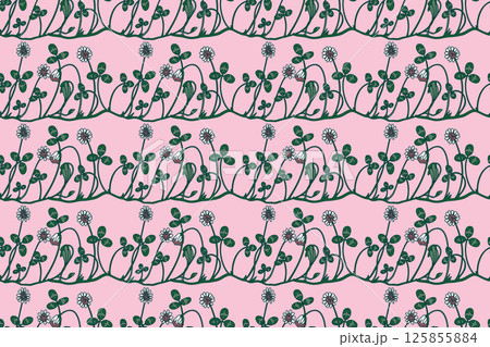 Botanical floral seamless pattern with clover vector illustration. Repeating clover plants with Flowers Stems Leaves in pink background. Graphic design for Fashion Cover Textile Wedding Greeting Card Botanical floral seamless pattern with clover vector illustration. Repeating clover plants with Flowers Stems Leaves in pink background. Graphic design for Fashion Cover Textile Wedding Greeting Card 125855884