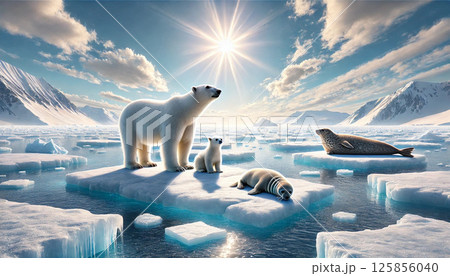 流氷の上に白熊の親子とアザラシ 125856040