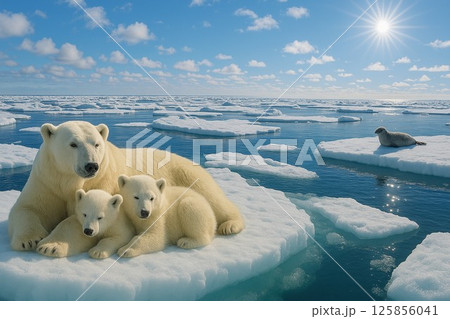 流氷の上に白熊の親子とアザラシ 125856041