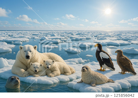 流氷の上に白熊の親子とアザラシ　オオワシ　オジロワシ 125856042