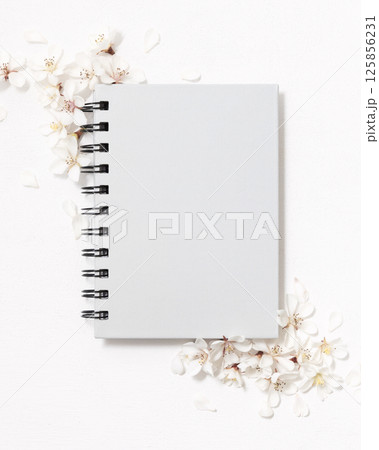 Gray blank spiral notebook near white cherry flowers top view, spring wedding mockup Gray blank spiral notebook near white cherry flowers top view, spring wedding mockup 125856231