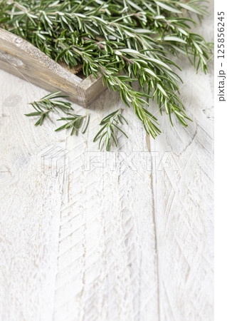 Fresh green rosemary sprigs in a tray on white rustic table closeup. Aromatic herb for culinary Fresh green rosemary sprigs in a tray on white rustic table closeup. Aromatic herb for culinary 125856245