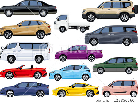色々なボディタイプの自動車サイドビューイラストのセット 125856360