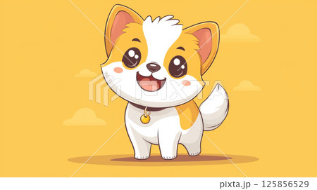 Flat cartoon style kawaii puppy wagging its tail with a joyful expression Flat cartoon style kawaii puppy wagging its tail with a joyful expression 125856529