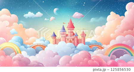 sky world with castles on clouds and rainbow bridges 125856530