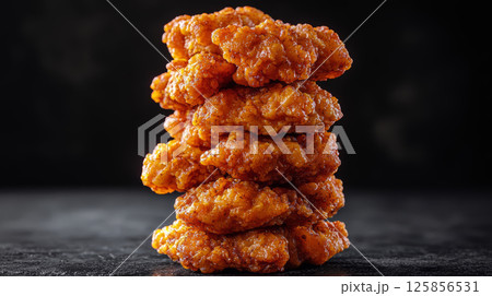 stacked pile of crispy chicken pieces like a tower 125856531