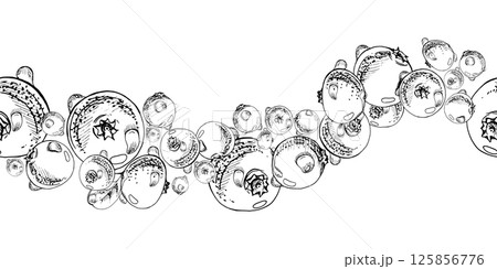 Lingonberry cranberry vector hand drawn in ink, scattered ripe forest berry group, dew drops, bearberry teaberry. Seamless banner isolated illustration. Home preserves, textile stationery, recipe book 125856776