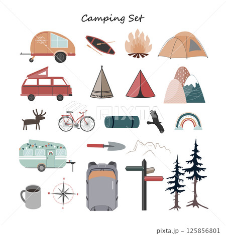 Camping objects icon set. Vector isolated illustration