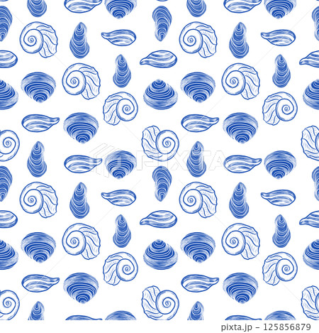 Seamless Nautical Pattern with Blue and White Marine Elements 125856879
