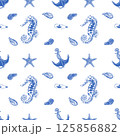 Seamless Nautical Pattern with Blue and White Marine Elements 125856882