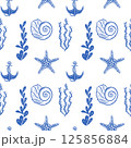 Seamless Nautical Pattern with Blue and White Marine Elements 125856884