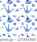 Seamless Nautical Pattern with Blue and White Marine Elements 125856885