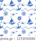 Seamless Nautical Pattern with Blue and White Marine Elements 125856886