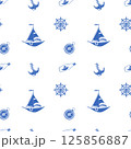 Seamless Nautical Pattern with Blue and White Marine Elements 125856887
