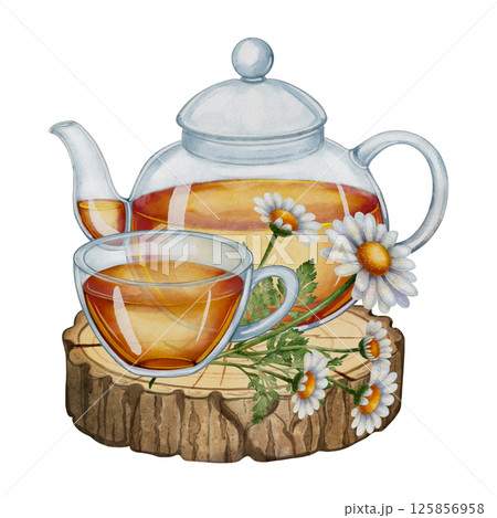 Chamomile tea in glass teapot and cup watercolor illustration 125856958