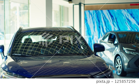 Panning shot of showcased cars with sleek design in showroom waiting to be purchased by interested customers. Modern vehicle models in dealership being advertised for potential buyers Panning shot of showcased cars with sleek design in showroom waiting to be purchased by interested customers. Modern vehicle models in dealership being advertised for potential buyers 125857256