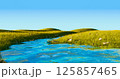 Serene landscape with blue stream flows through rolling green hills covered in lush grass with scattered rocks and bright cloudless sky. Concept of travel, environment. Calming nature. 3d render. 125857465