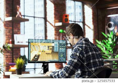 Interior designer uses assets from 3D modeling application digital library filled with furniture, flooring, tiling, and design options. Architectural designer selecting from catalog of design elements 125857533