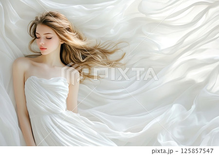 European girl white dress stand against white wall of fluttering fabric and silk 125857547