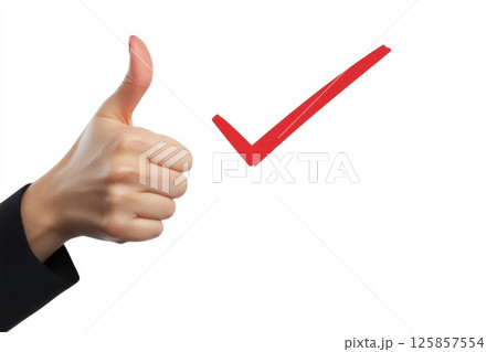 Businesswoman showing thumbs up approval, symbol of honesty and trust check sign Businesswoman showing thumbs up approval, symbol of honesty and trust check sign 125857554