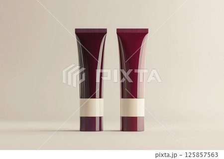 Two package beauty cosmetic tubes, burgundy cream beige isolated mockup template 125857563