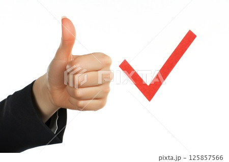 Businesswoman showing thumbs up approval, symbol of honesty and trust check sign Businesswoman showing thumbs up approval, symbol of honesty and trust check sign 125857566