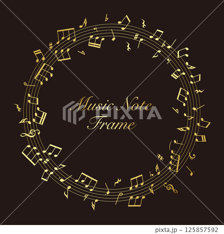 黒背景の楽譜のフレーム:円形の五線譜の周りを舞うに並ぶ金色の音符のベクターイラスト 黒背景の楽譜のフレーム:円形の五線譜の周りを舞うに並ぶ金色の音符のベクターイラスト 125857592