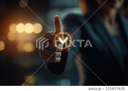 Businesswoman showing thumbs up approval, symbol of honesty and trust check sign 125857626