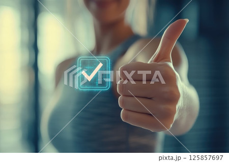 Sportswoman showing thumbs up, approval, symbol of honesty and trust, check sign 125857697