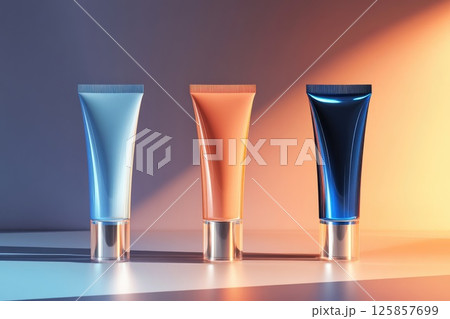 Three package beauty cosmetic tubes , blue, pink, peach isolated mockup template Three package beauty cosmetic tubes , blue, pink, peach isolated mockup template 125857699
