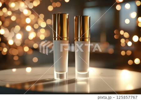 Two beauty package cosmetic tubes of white, cream, gold color mockup template Two beauty package cosmetic tubes of white, cream, gold color mockup template 125857767